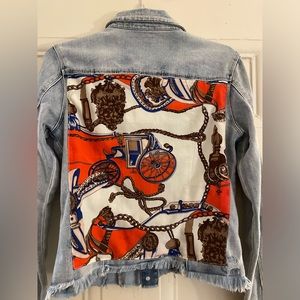Htrailz Light denim jacket with raw hem and silk scarf design on the back!